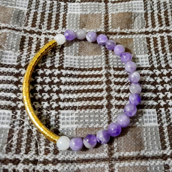 Hand Crafted Jewelry - Handmade Amethyst + White Jade and Brass Stretch Bracelet